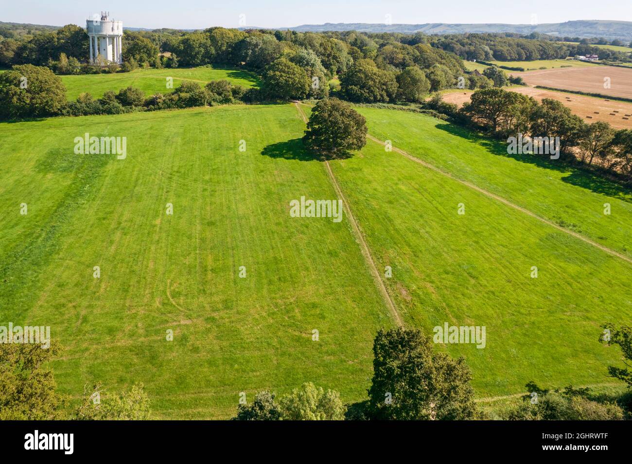 aerial view of paths and tracks and the water tower at batchelors farm in burgess hill Stock Photo