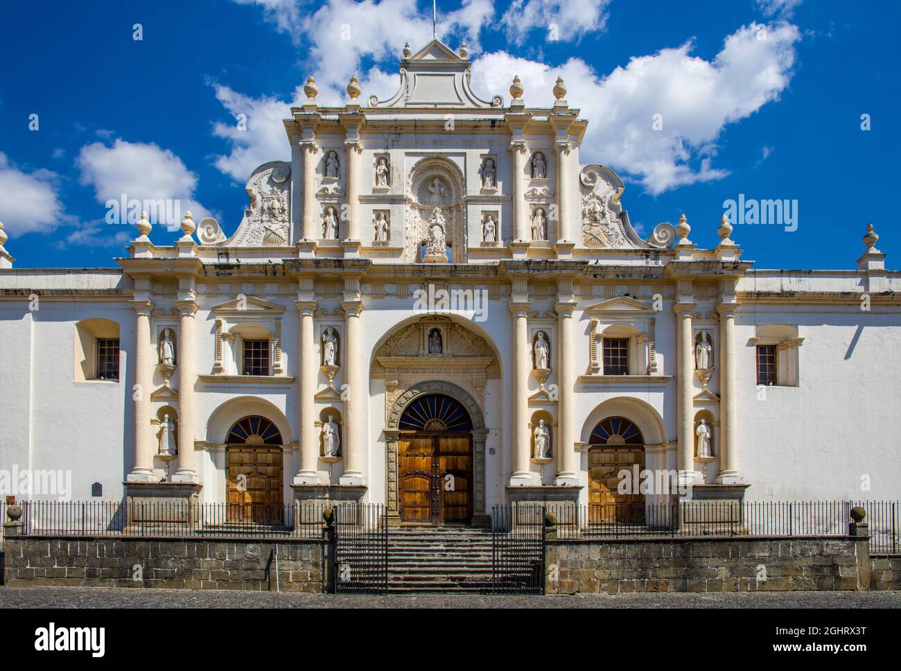 Facade of San Jose Cathedral, Parque Central, Antigua, Antigua, Guatemala Stock Photo