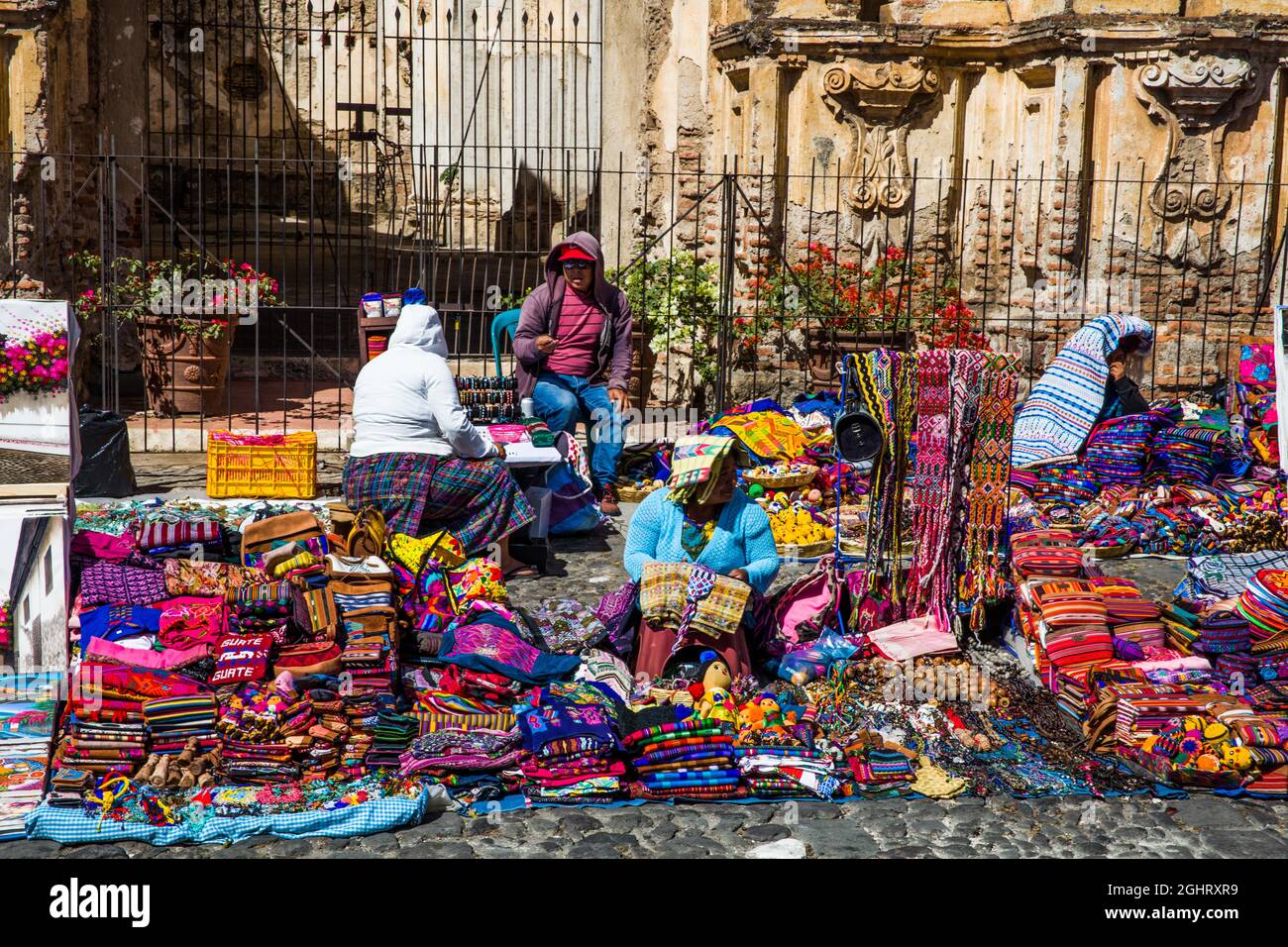Colourful market in front of destroyed Iglesia de Nuestra Senora del Carmen, Antigua, Antigua, Guatemala Stock Photo