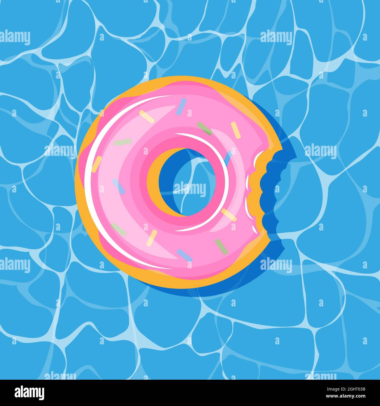 Pool infantable pink donut mattress place on water texture.  Stock Vector