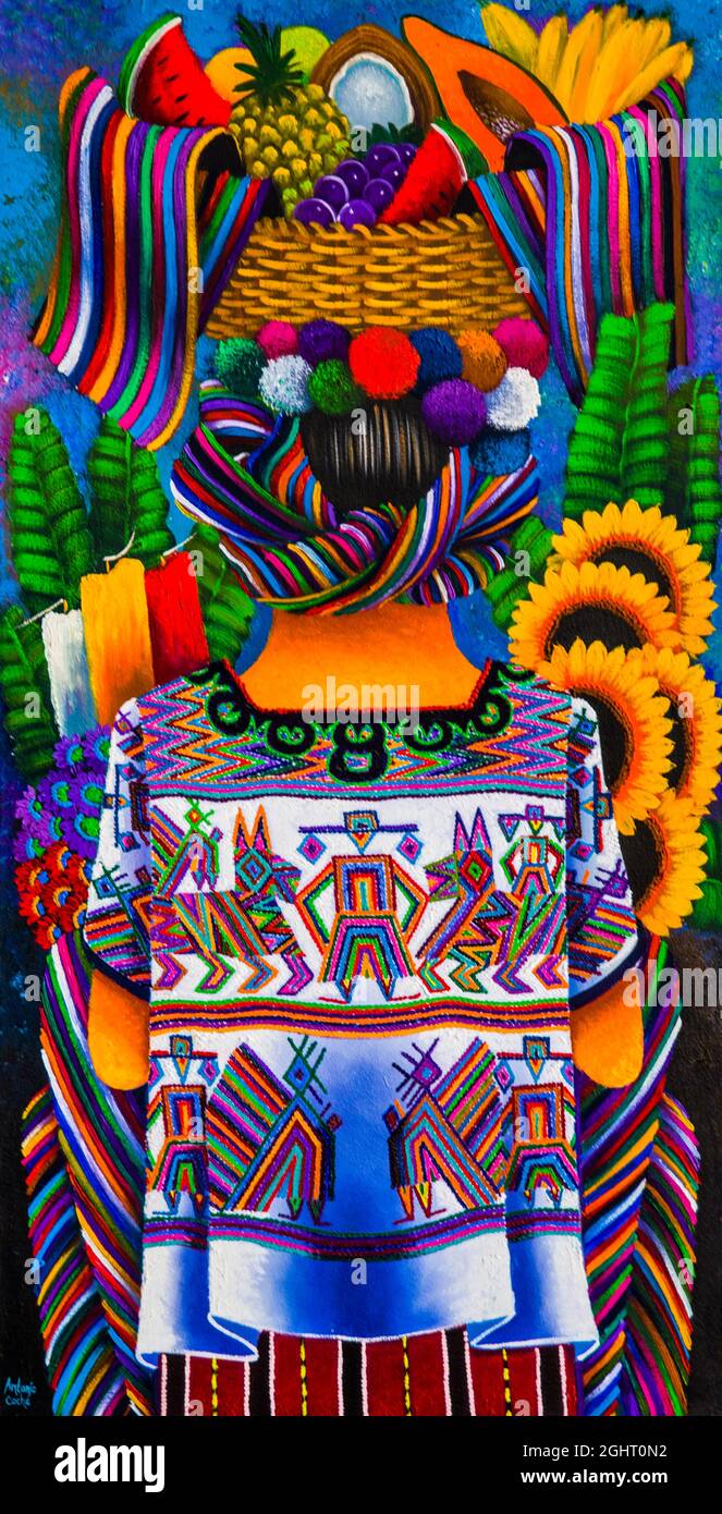 Painting Market Woman with Fruits, San Juan La Laguna, Lake Atitlan, San Juan La Laguna, Guatemala Stock Photo