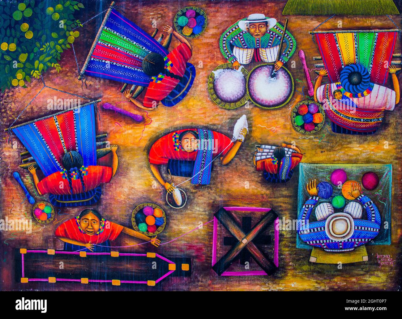 Weaving process, bird's eye view painting, San Juan La Laguna, Lake Atitlan, San Juan La Laguna, Guatemala Stock Photo