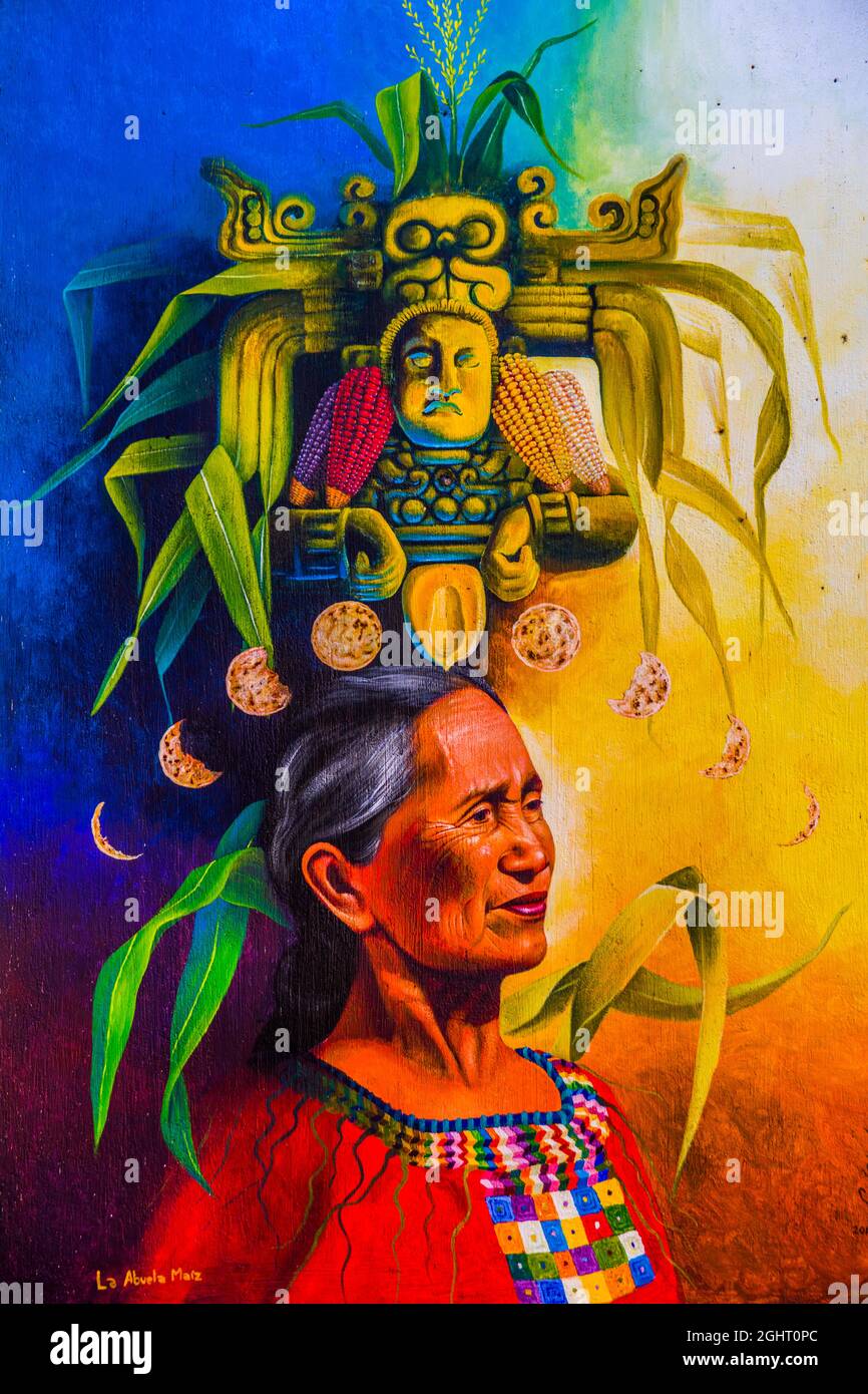 Painting Woman with mythical Mayan headdress, San Juan La Laguna, Lake Atitlan, San Juan La Laguna, Guatemala Stock Photo
