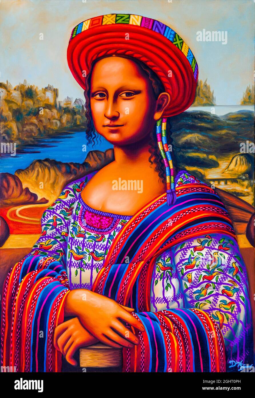 Painting Maya-Mona Lisa with typical headdress of the Tzutuhil woman, the Tocoyal, San Juan La Laguna, Lake Atitlan, San Juan La Laguna, Guatemala Stock Photo