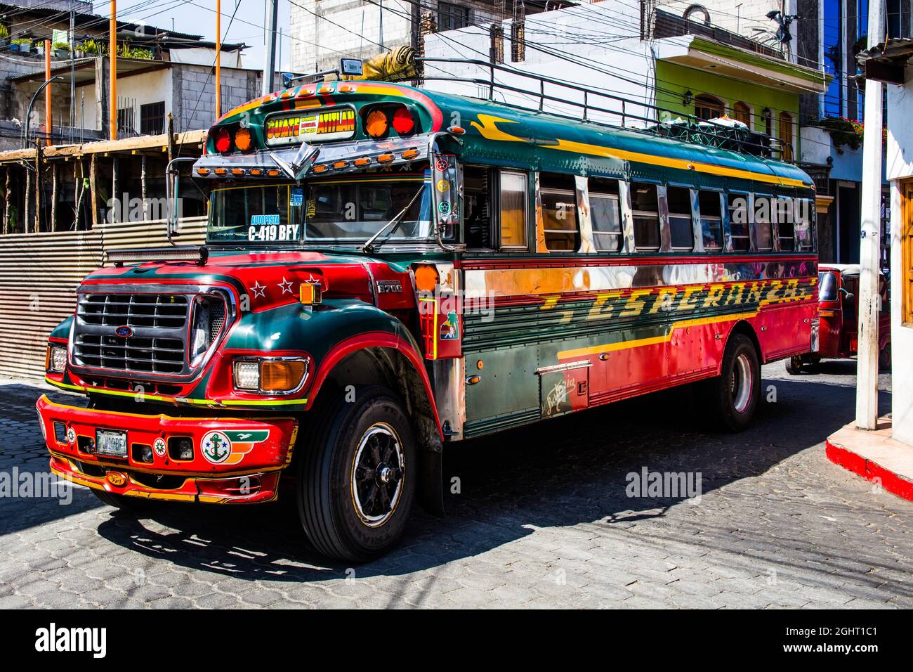 Local bus, Santiago Atitlan, Lake Atitlan, Santiago Atitlan, Guatemala Stock Photo
