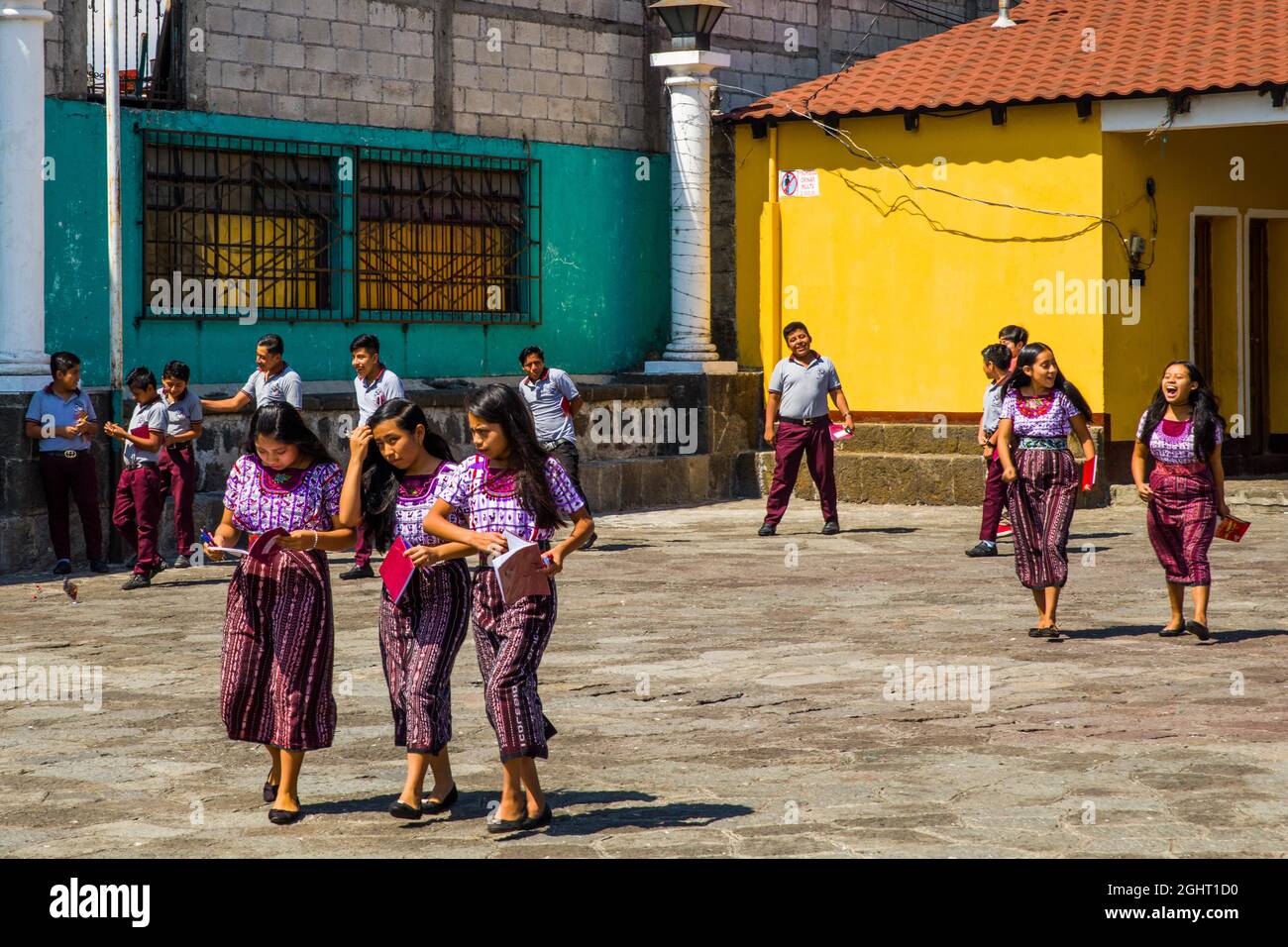 Schoolchildren in school uniform, Santiago Atitlan, Lake Atitlan, Santiago Atitlan, Guatemala Stock Photo