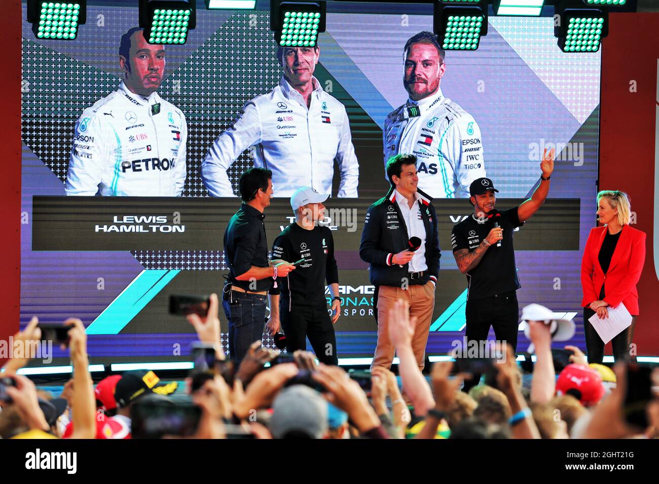 L to R) Mark Webber (AUS) Channel 4 Presenter; Valtteri Bottas (FIN) Mercedes AMG F1; Toto Wolff (GER) Mercedes AMG F1 Shareholder and Executive Director; and Lewis Hamilton (GBR) Mercedes AMG F1,