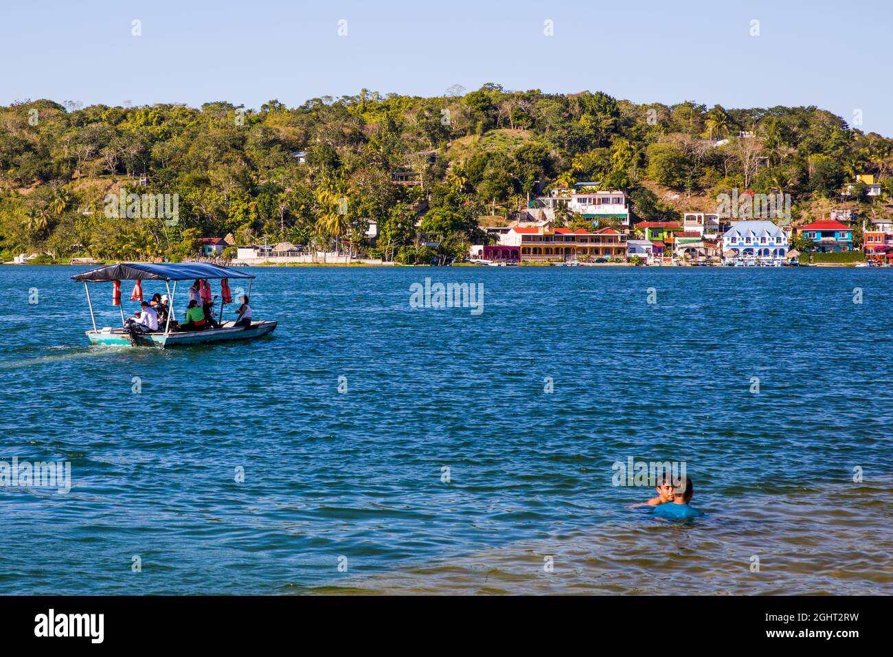 Flores is located on an island in the small Peten-Itza Lake, Flores, Guatemala Stock Photo