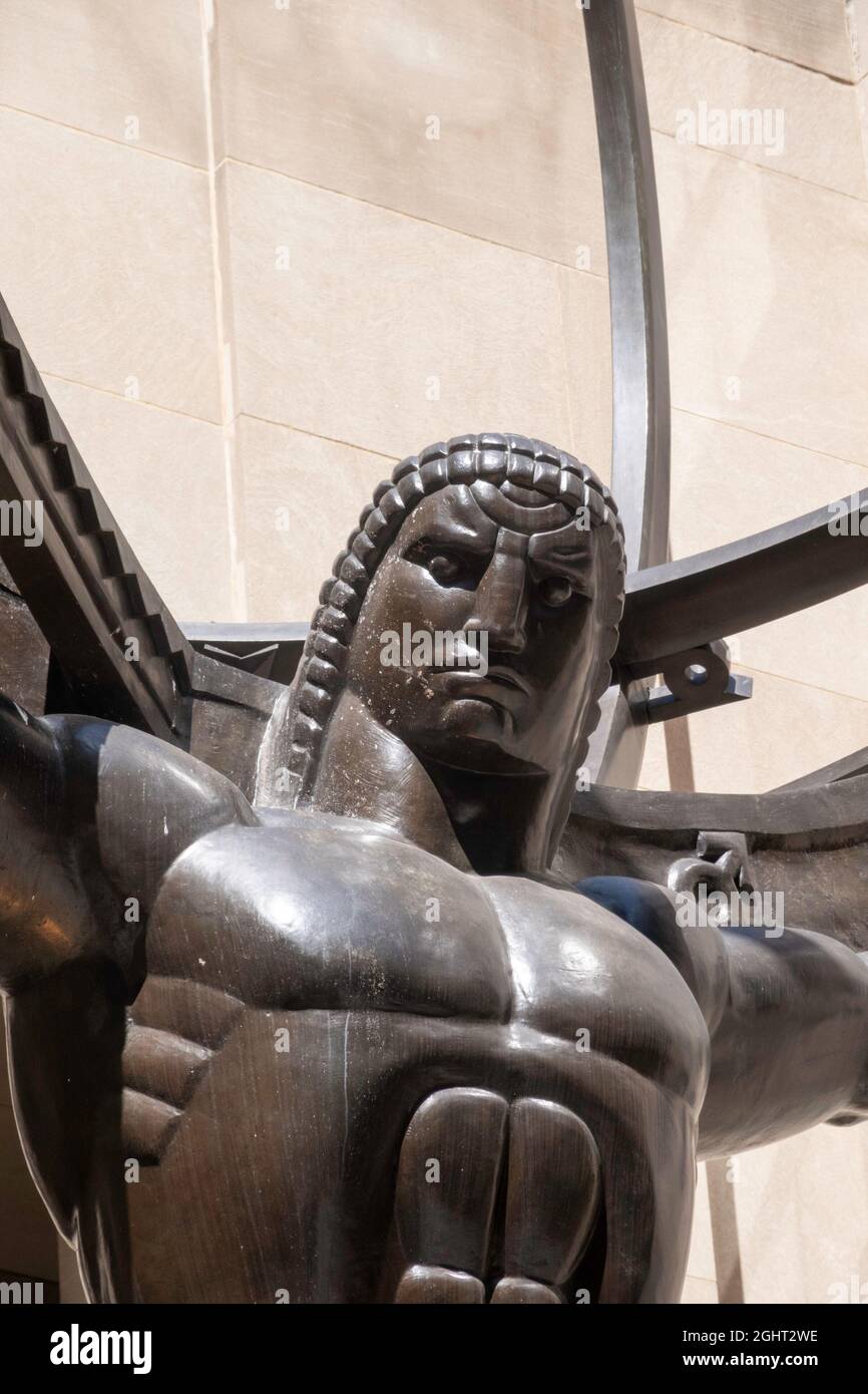 Atlas Holding the Heavens (celestial vault) Statue (armillary sphere) in Rockefeller Center, NYC Stock Photo