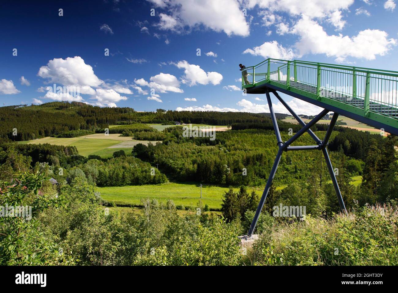 Viewing platform in the Saale valley, valley with fields and forest, Kolonnenweg, hiking trail, Lochplattenweg, Gruenes Band, border trail, former Stock Photo