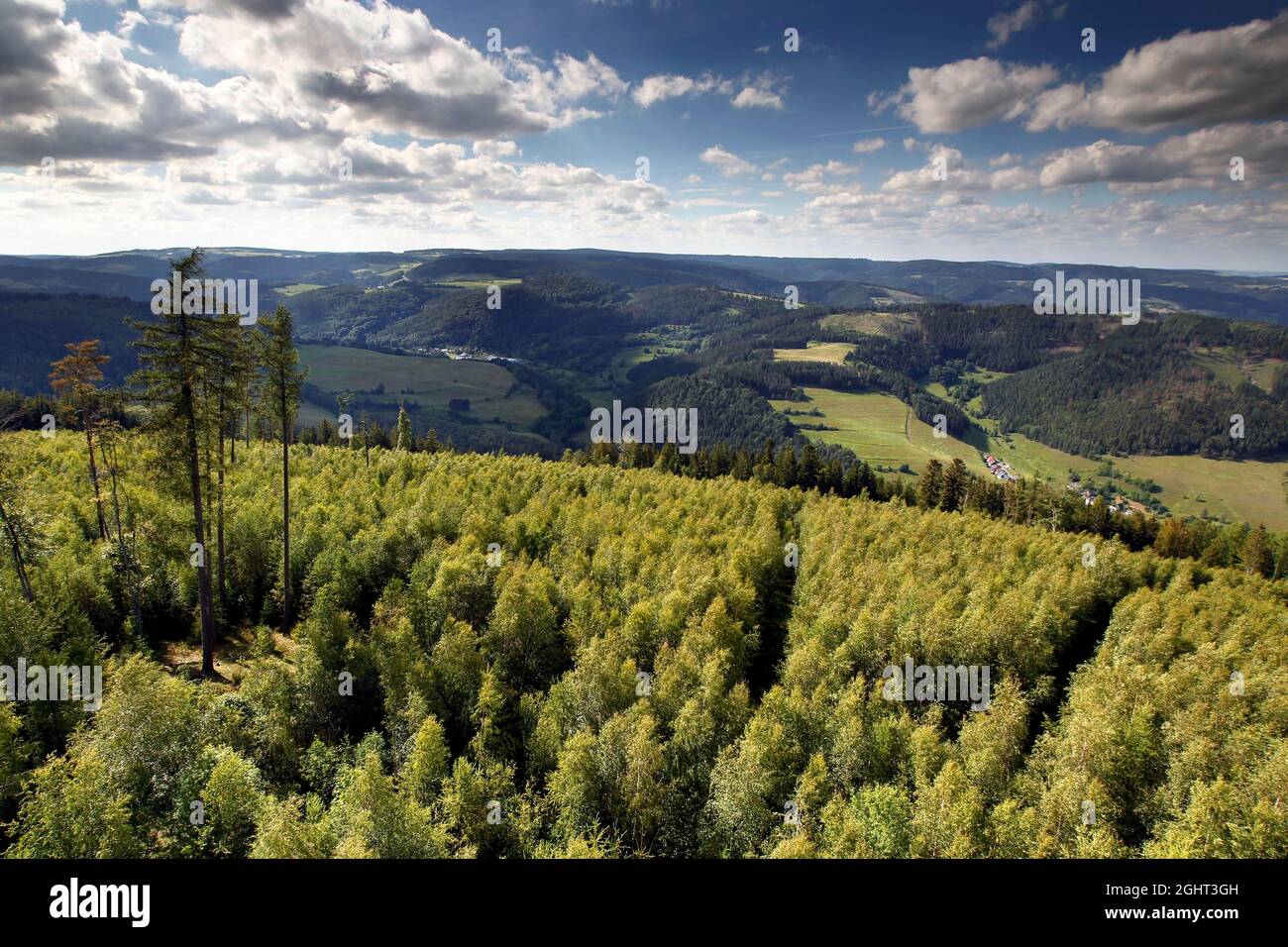 View from Thueringer Warte into the Bavarian-Thuringian border area of the former zonal border, observation tower on the Ratzenberg, Franconian Stock Photo