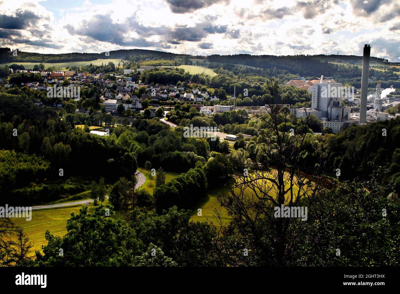 View from Blankenberg to Blankenstein with paper factory, Rennsteig, hiking trail, Thuringian Forest, Green Belt, border trail, former German-German Stock Photo