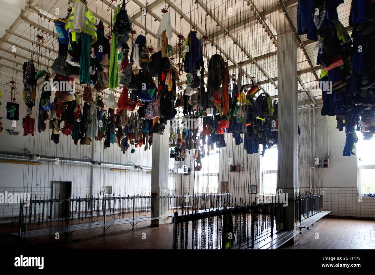 Glueckauf colliery, crew dressing room, miner's clothes drying on the