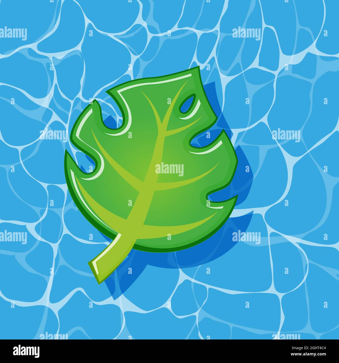 Pool infantable green palm tree leaf mattress place on water texture.  Stock Vector