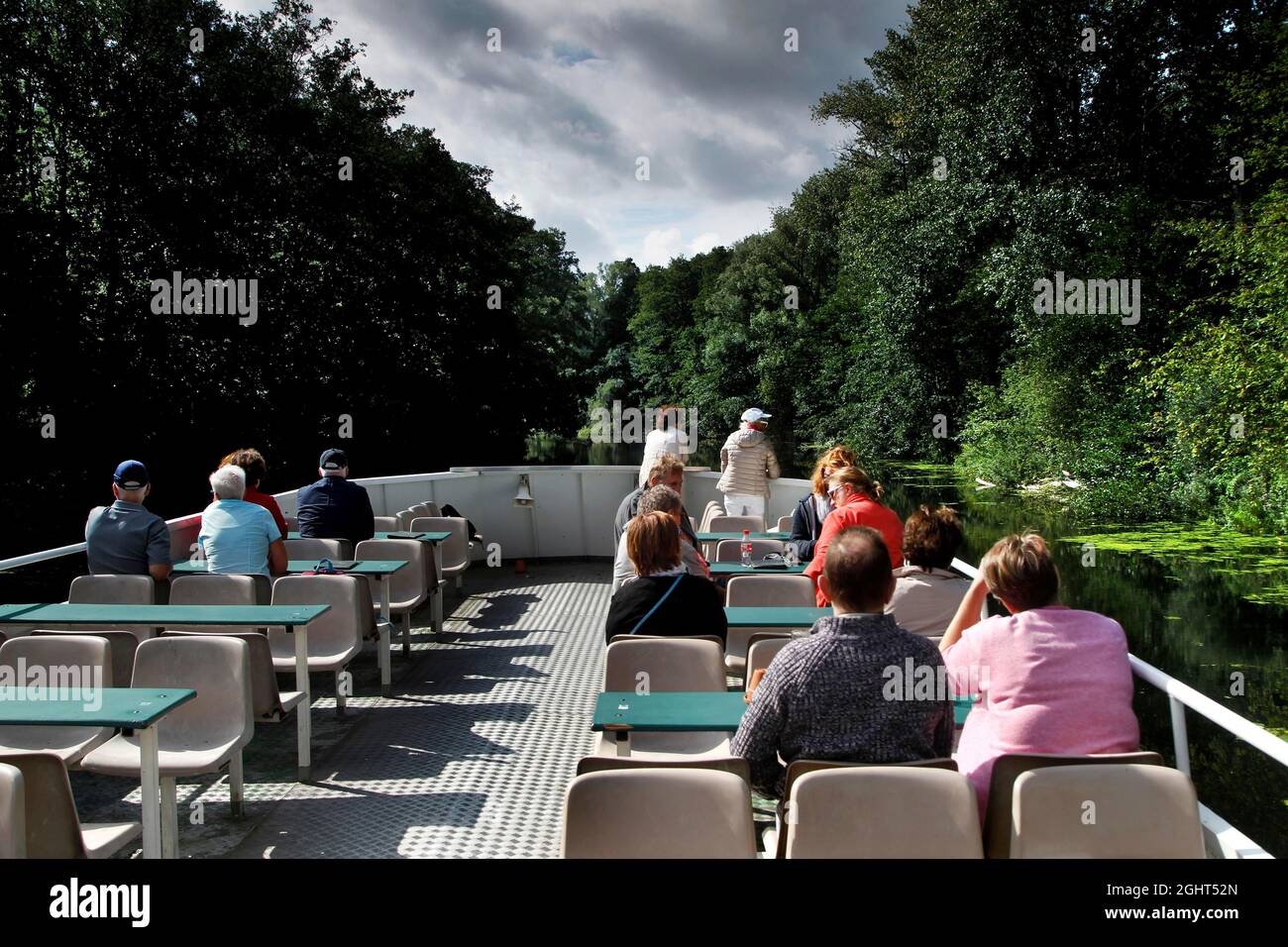 Boat trip on the Wakenitz, Amazon of the North, MS Wakenitz, excursion steamer, border river, Kolonnenweg, Lochplattenweg, inner German border Stock Photo