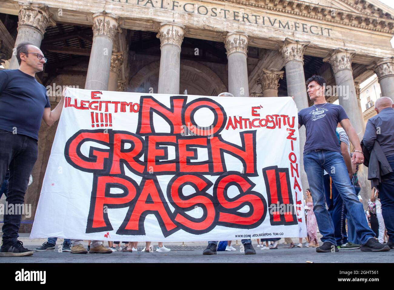 Rome, Italy. 06th Sep, 2021. Demonstration organized by political movement Forza Nuova in front of Pantheon in Rome to protest against use of Green Pass decided by Italian Government. (Photo by Matteo Nardone/Pacific Press/Sipa USA) Credit: Sipa USA/Alamy Live News Stock Photo