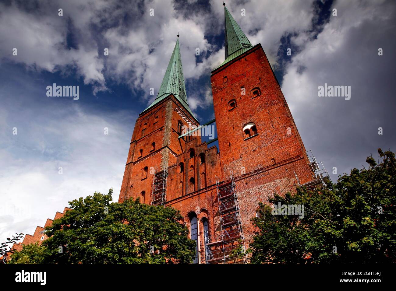 Luebeck Cathedral, brick Gothic towers, UNESCO World Heritage Site Hanseatic City of Luebeck, Schleswig-Holstein, Germany Stock Photo