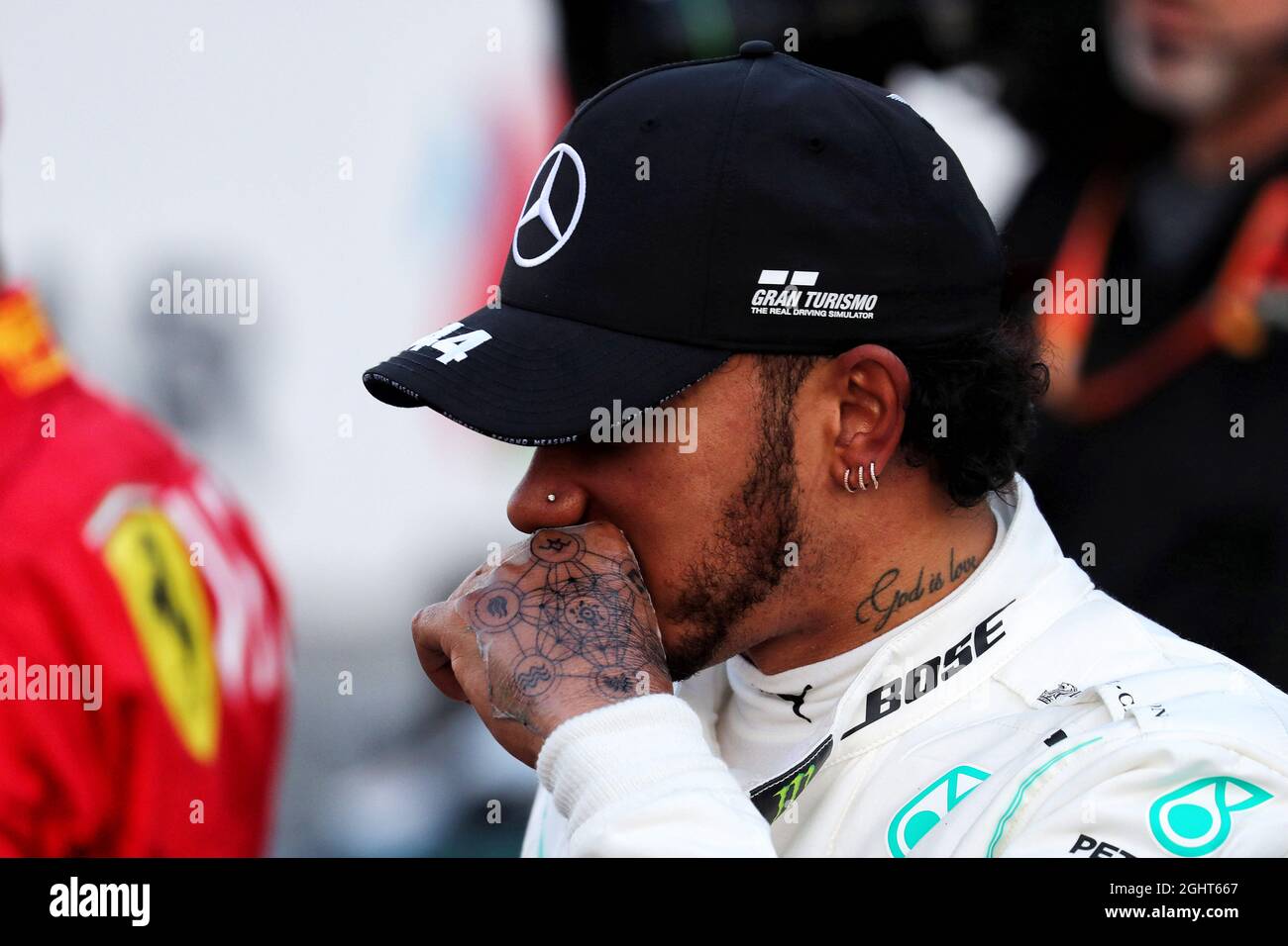 Lewis Hamilton (GBR) Mercedes AMG F1 in qualifying parc ferme - new tattoo on hand.  27.04.2019. Formula 1 World Championship, Rd 4, Azerbaijan Grand Prix, Baku Street Circuit, Azerbaijan, Qualifying Day.  Photo credit should read: XPB/Press Association Images. Stock Photo