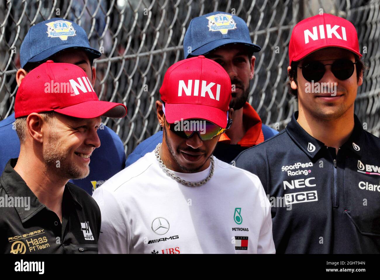 (L to R): Kevin Magnussen (DEN) Haas F1 Team; lhap; and Lance Stroll (CDN) Racing Point F1 Team, on the drivers parade.  26.05.2019. Formula 1 World Championship, Rd 6, Monaco Grand Prix, Monte Carlo, Monaco, Race Day.  Photo credit should read: XPB/Press Association Images. Stock Photo