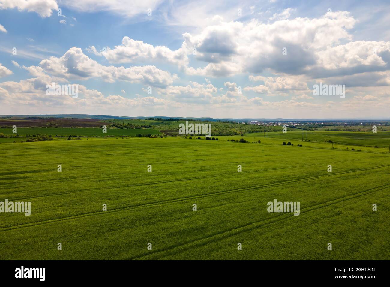 Aerial landscape view of green cultivated agricultural fields with ...