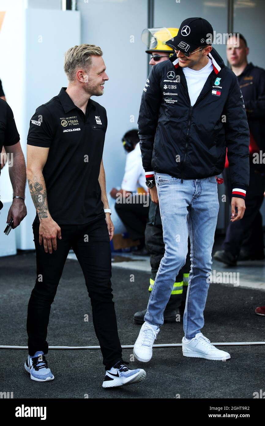 L to R): Kevin Magnussen (DEN) Haas F1 Team with Esteban Ocon (FRA)  Mercedes AMG F1 Reserve Driver. 07.06.2019. Formula 1 World Championship,  Rd 5, Spanish Grand Prix, Barcelona, Spain, Practice Day.