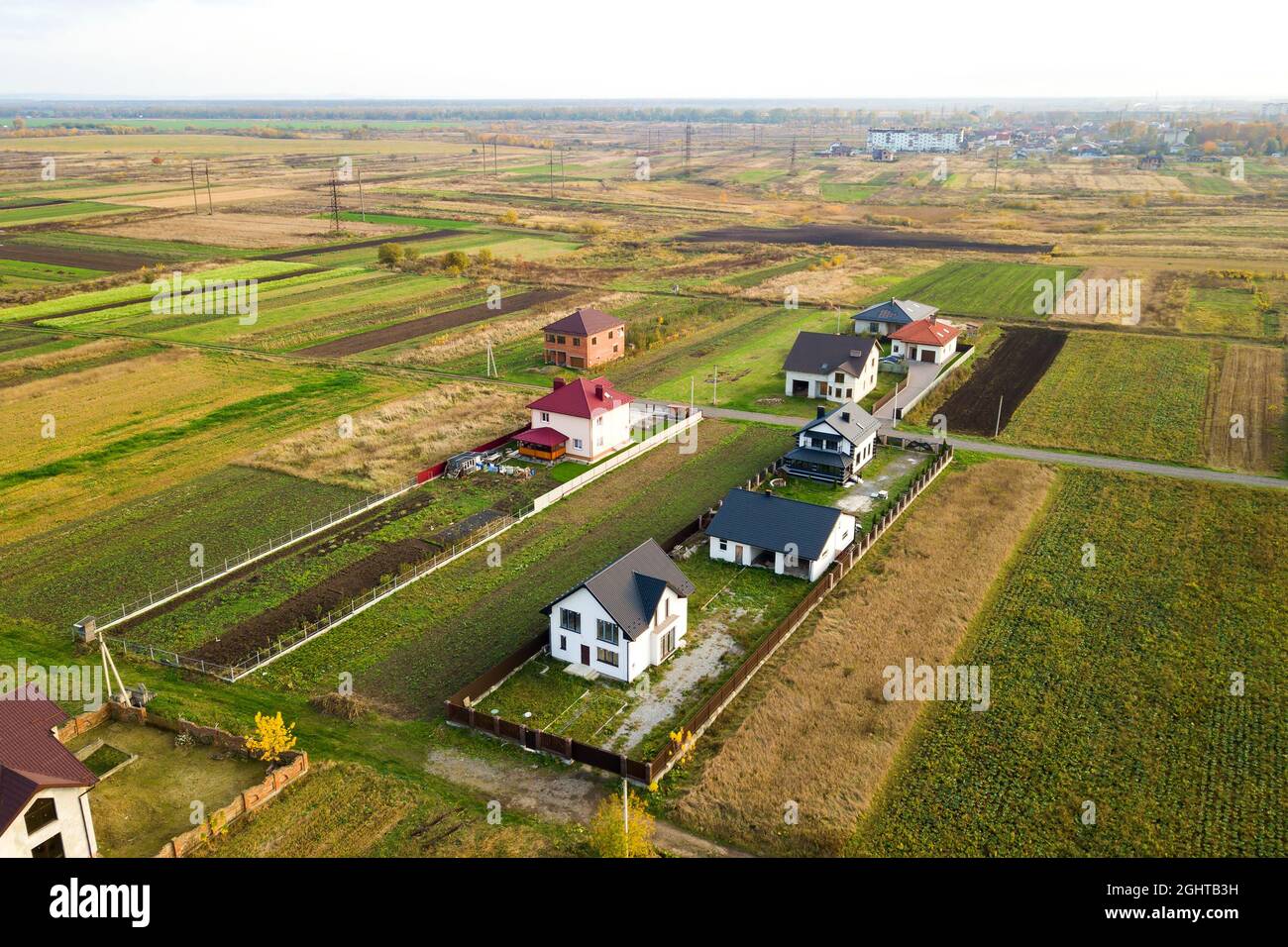 Aerial view of home roofs in residential rural neighborhood area Stock ...