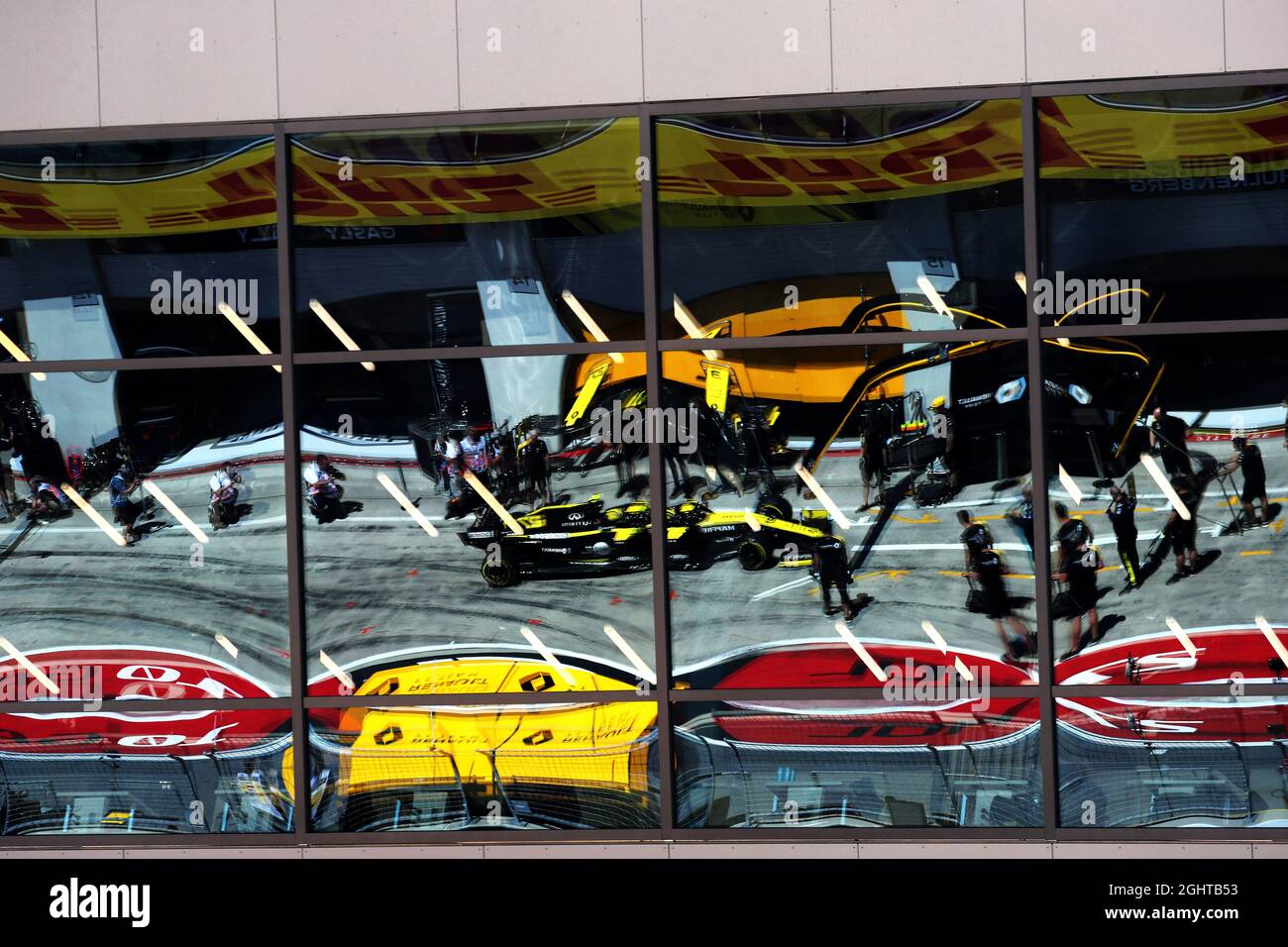 Nico Hulkenberg (GER) Renault F1 Team RS19 reflected in pit building windows.  29.06.2019. Formula 1 World Championship, Rd 9, Austrian Grand Prix, Spielberg, Austria, Qualifying Day.  Photo credit should read: XPB/Press Association Images. Stock Photo