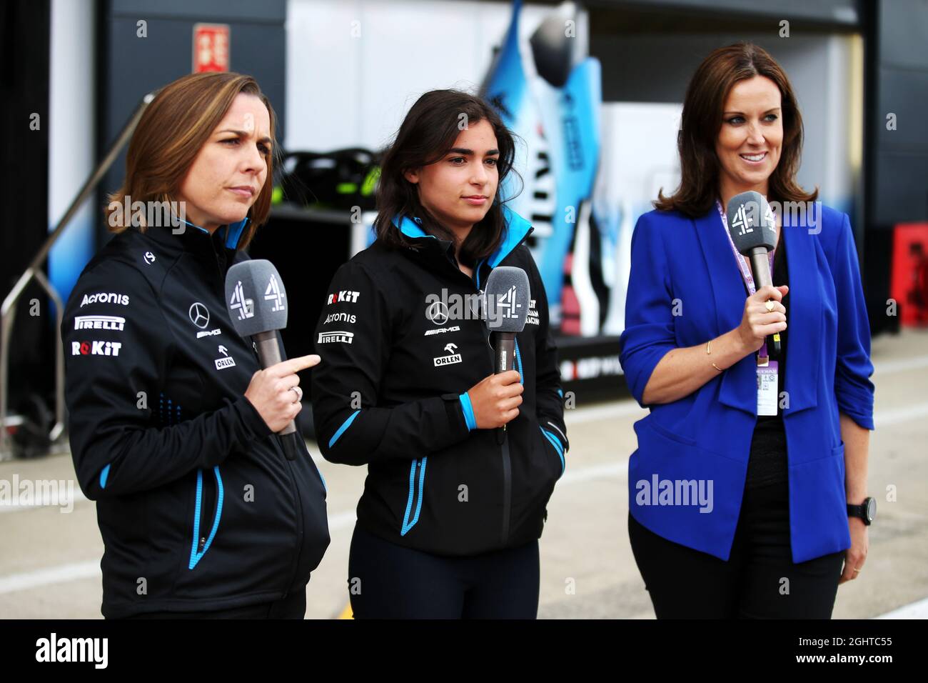 (L to R): Claire Williams (GBR) Williams Racing Deputy Team Principal with Jamie Chadwick (GBR) Williams Racing Development Driver and Lee McKenzie (GBR) Channel 4 Presenter.  13.07.2019. Formula 1 World Championship, Rd 10, British Grand Prix, Silverstone, England, Qualifying Day.  Photo credit should read: XPB/Press Association Images. Stock Photo