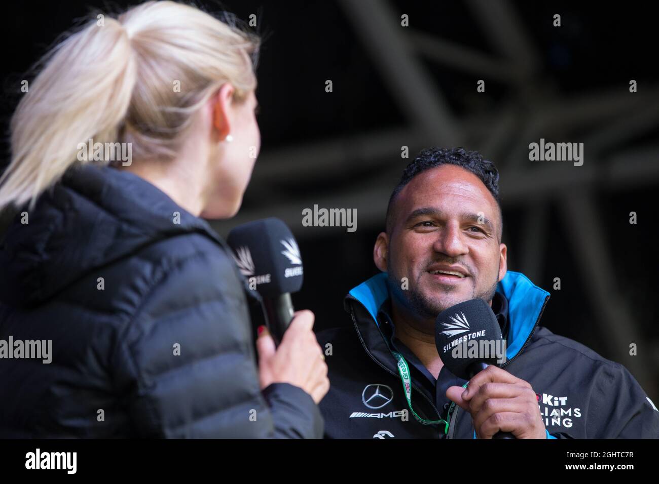 Michael Caines (GBR) Williams Racing Celebrity Chef with Rosanna Tennant (GBR) F1 Presenter on the FanZone stage.  13.07.2019. Formula 1 World Championship, Rd 10, British Grand Prix, Silverstone, England, Qualifying Day.  Photo credit should read: XPB/Press Association Images. Stock Photo