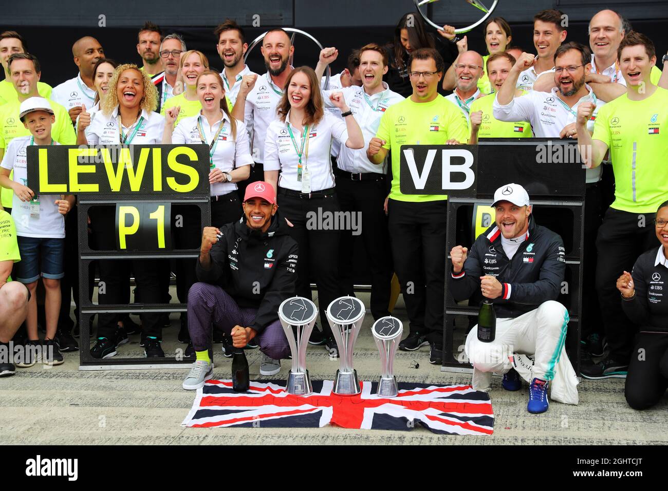 Mercedes AMG F1 celebrates a 1-2 finish for Lewis Hamilton (GBR) Mercedes AMG F1 and Valtteri Bottas (FIN) Mercedes AMG F1.  14.07.2019. Formula 1 World Championship, Rd 10, British Grand Prix, Silverstone, England, Race Day.  Photo credit should read: XPB/Press Association Images. Stock Photo