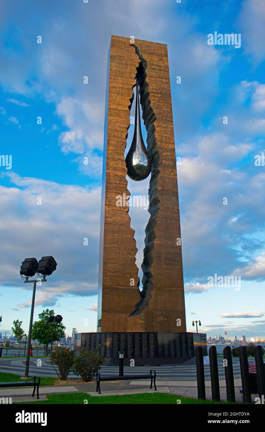 Tear Drop Memorial, the gift to the United States by the Russian people as a memorial to the victims of the attacks of September 11, 2001, on a partly Stock Photo