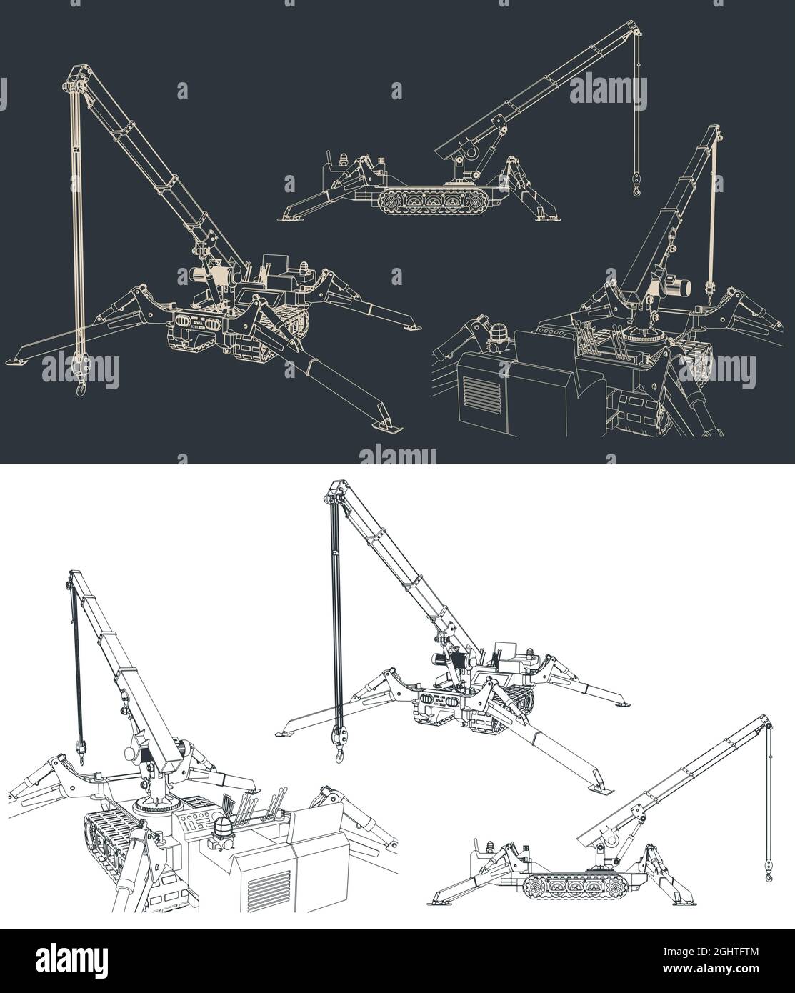 Stylized vector illustration of isometric blueprints of mini crane Stock Vector