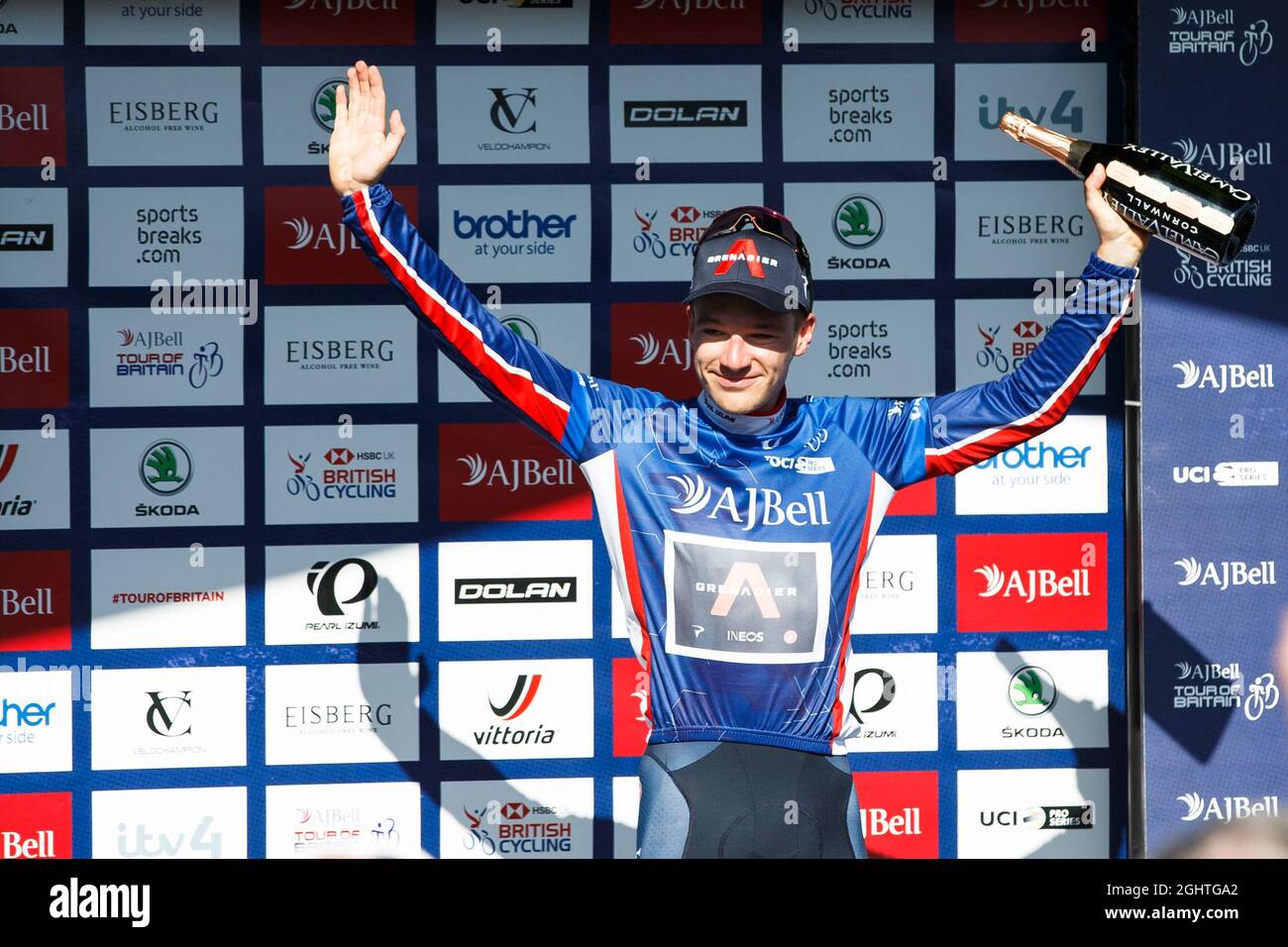 National Botanic Garden of Wales, Llanarthne, Wales, UK. Tuesday 7 September 2021.  Stage 3 of the Tour of Britain cycling race. Ethan Hayter (GBR) of INEOS Grenadiers celebrates being crowned race leader after the Stage 3 time trial. Credit: Gruffydd Thomas/Alamy Stock Photo