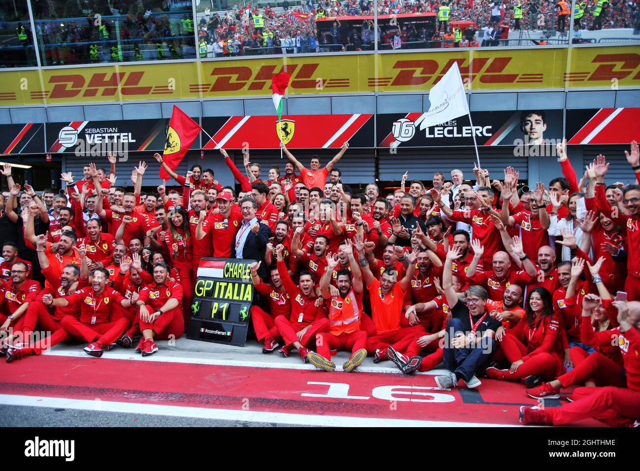 Race winner Charles Leclerc (MON) Ferrari celebrates with the team. 08. ...