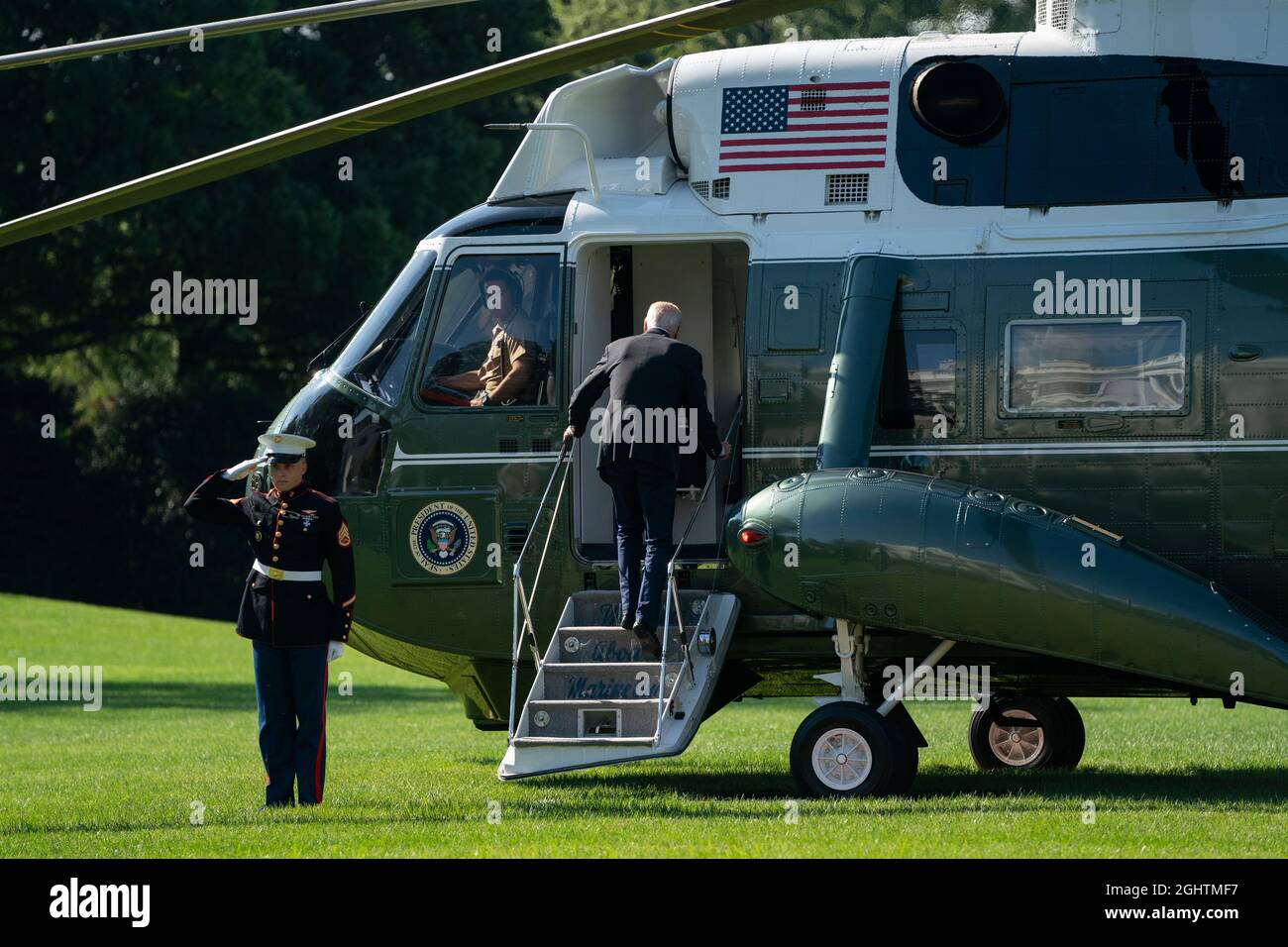 U.S. President Joe Biden boards Marine One prior to departing the White  House on Tuesday September 7, 2021 in Washington, DC Biden will travel to New  Jersey and New York to tour