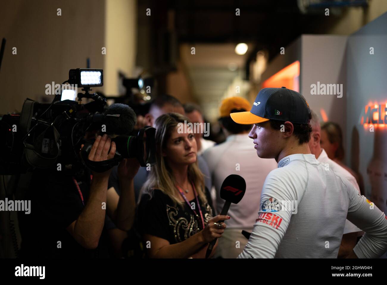 Lando Norris (GBR) McLaren with the media. 29.11.2019. Formula 1 World  Championship, Rd 21, Abu Dhabi Grand Prix, Yas Marina Circuit, Abu Dhabi,  Practice Day. Photo credit should read: XPBPress Association Images