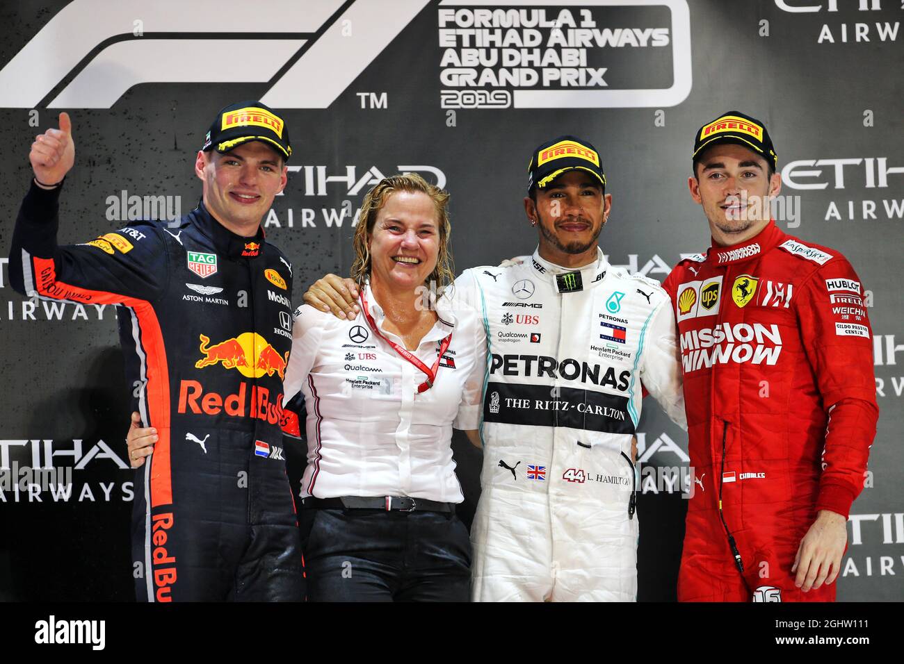 The podium (L to R): Max Verstappen (NLD) Red Bull Racing, second; Britta  Seeger, Member of the Board of Management for Mercedes-Benz Cars Marketing  and Sales; Lewis Hamilton (GBR) Mercedes AMG F1,