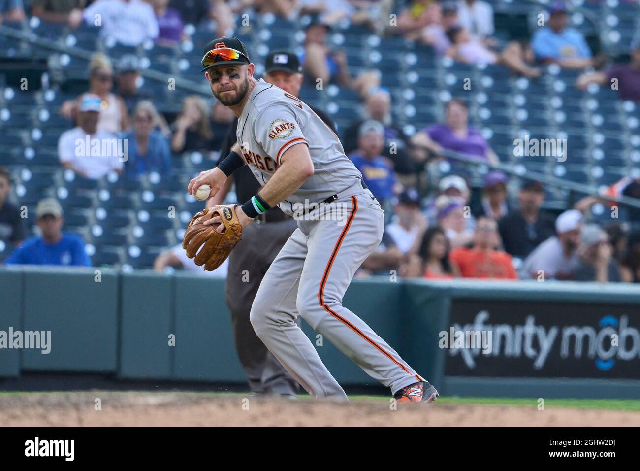 September 6 2021: San Francisco third baseman Evan Longoria (10) makes a play during the game with San Francisco Giants and Colorado Rockies held at Coors Field in Denver Co. David Seelig/Cal Sport Medi Stock Photo