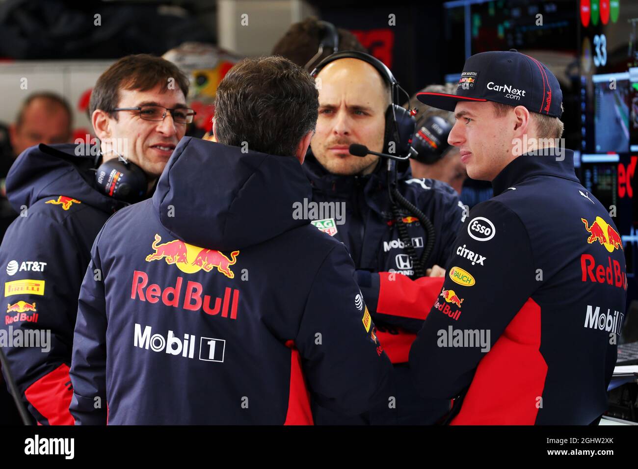 L to R): Pierre Wache (FRA) Red Bull Racing Technical Director; Christian  Horner (GBR) Red Bull Racing Team Principal; Gianpiero Lambiase (ITA) Red  Bull Racing Engineer; Max Verstappen (NLD) Red Bull Racing.