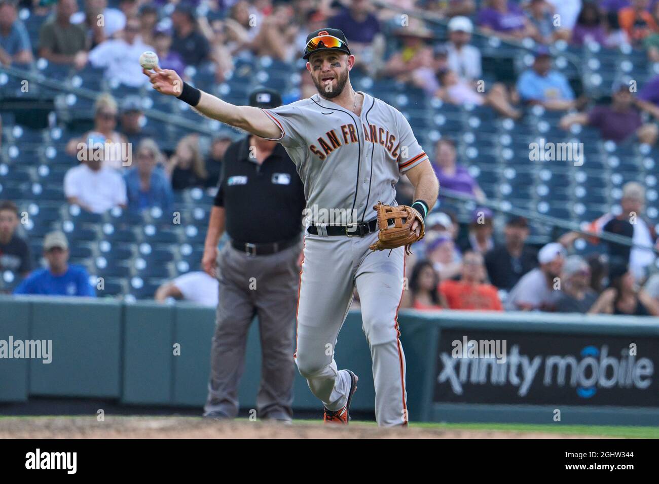 September 6 2021: San Francisco third baseman Evan Longoria (10) makes a play during the game with San Francisco Giants and Colorado Rockies held at Coors Field in Denver Co. David Seelig/Cal Sport Medi Stock Photo
