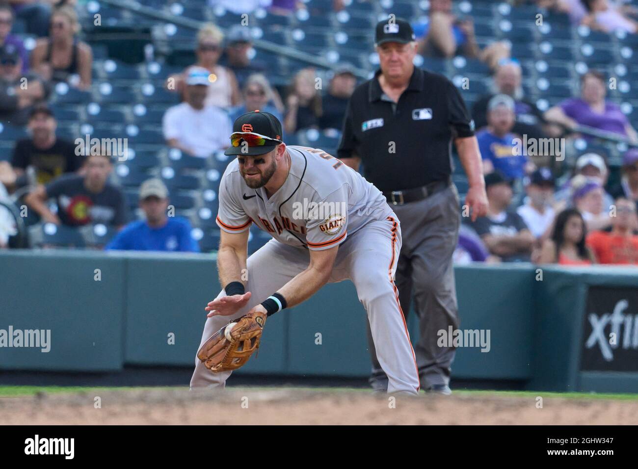 September 6 2021: San Francisco third baseman Evan Longoria (10) makes a play during the game with San Francisco Giants and Colorado Rockies held at Coors Field in Denver Co. David Seelig/Cal Sport Medi Stock Photo