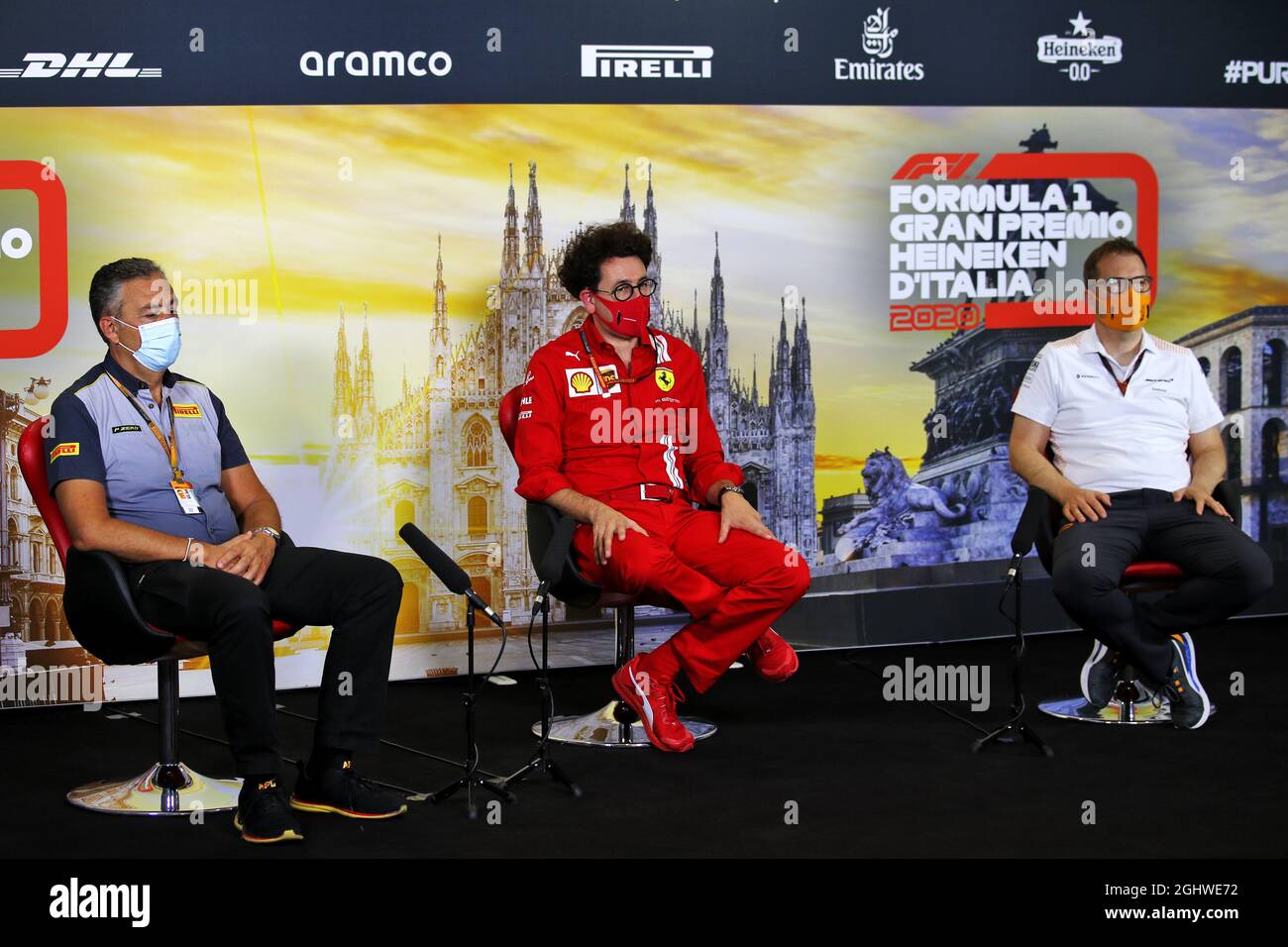 The FIA Press Conference (L to R): Mario Isola (ITA) Pirelli Racing  Manager; Mattia Binotto (ITA) Ferrari Team Principal; Andreas Seidl,  McLaren Managing Director. 04.09.2020. Formula 1 World Championship, Rd 8,  Italian