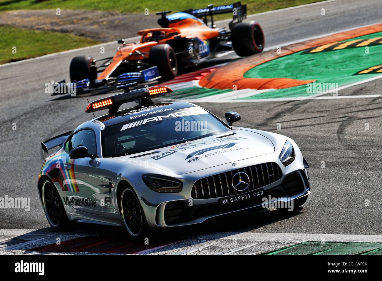 Carlos Sainz Jr (ESP) McLaren MCL35 leads behind the FIA Safety Car. 06.09. 2020. Formula 1