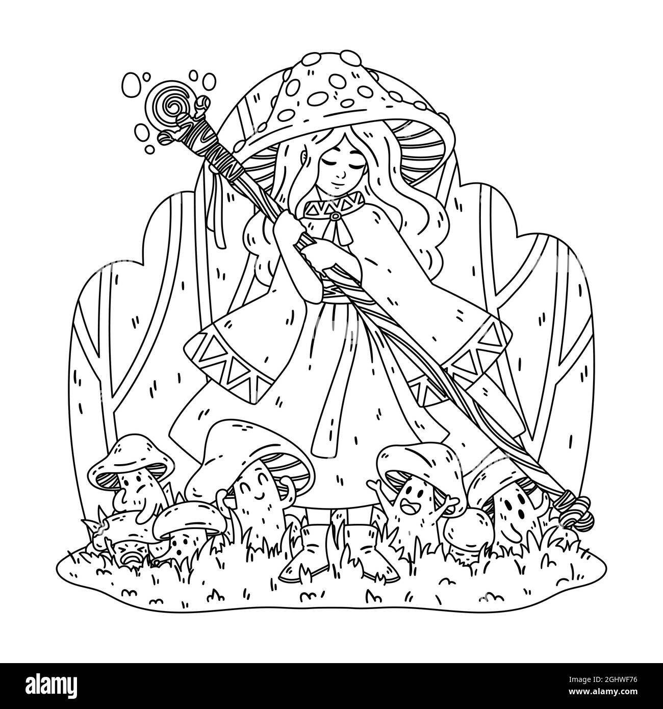 Mushroom witch, with a magic staff, a cape and a fly agaric hat. The enchantress grows boletus. Halloween drawing coloring page. Vector illustration. Stock Vector