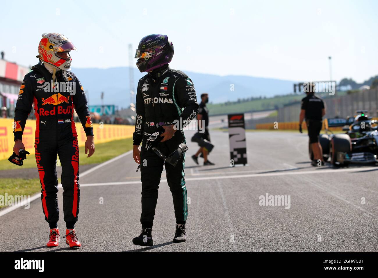 L to R): Max Verstappen (NLD) Red Bull Racing with Lewis Hamilton (GBR)  Mercedes AMG F1 in qualifying parc ferme. 12.09.2020. Formula 1 World  Championship, Rd 9, Tuscan Grand Prix, Mugello, Italy,