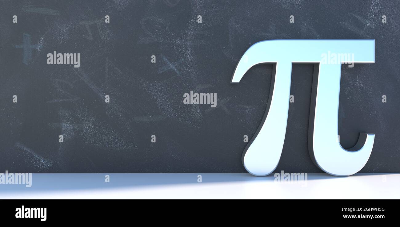 Pi, irrational number, Greek alphabet letter, mathematical symbol. White color pi on school blackboard background. International number Pi day March 1 Stock Photo