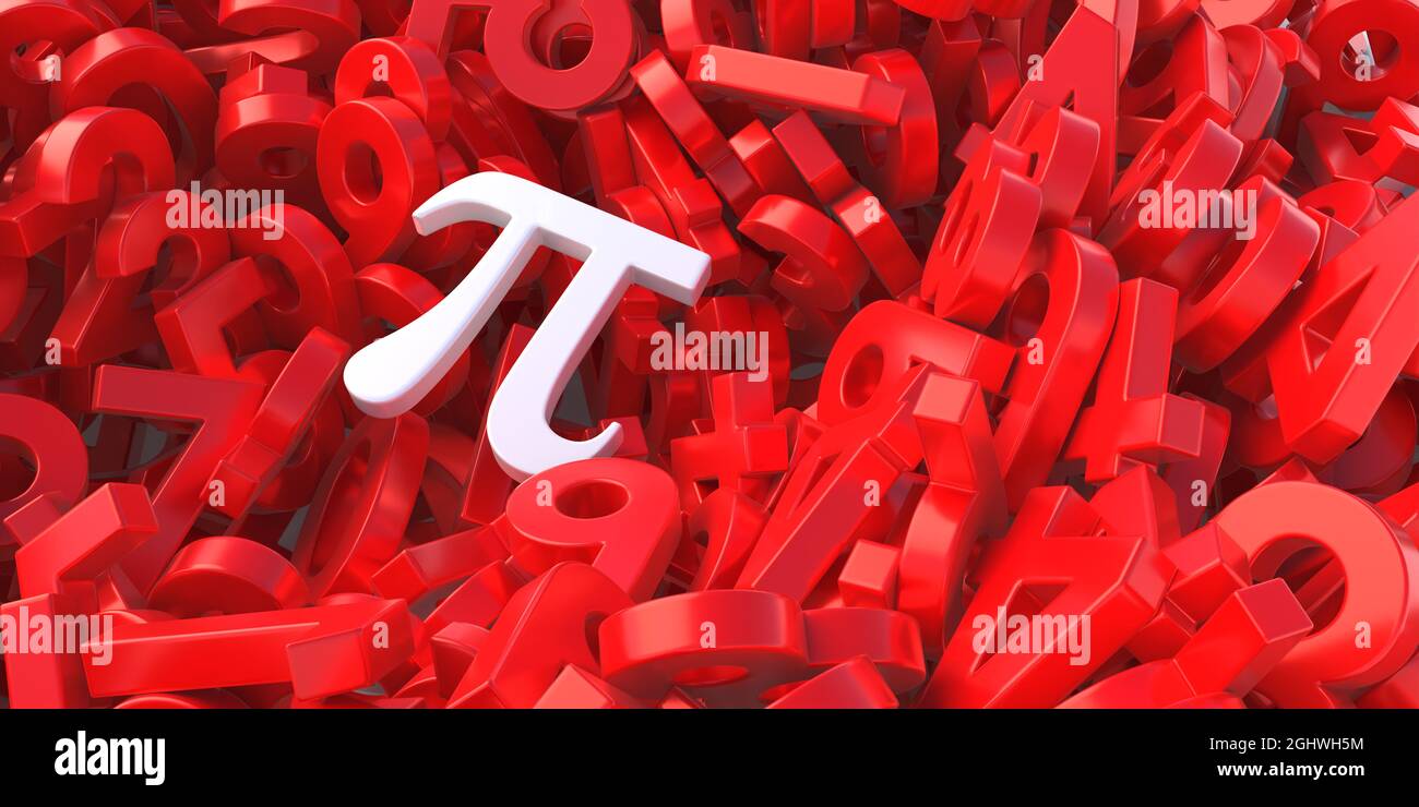 Pi, Greek alphabet letter, Archimedes constant irrational number, ratio of a circle circumference to diameter. White color pi on red numbers stack, co Stock Photo
