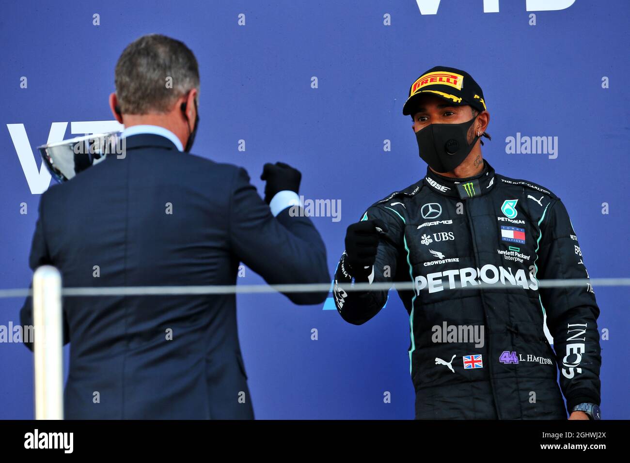 Lewis Hamilton (GBR) Mercedes AMG F1 celebrates his third position with Dmitry Kozak (RUS) Former Russian Deputy Prime Minister on the podium.  27.09.2020. Formula 1 World Championship, Rd 10, Russian Grand Prix, Sochi Autodrom, Sochi, Russia, Race Day.  Photo credit should read: XPB/Press Association Images. Stock Photo