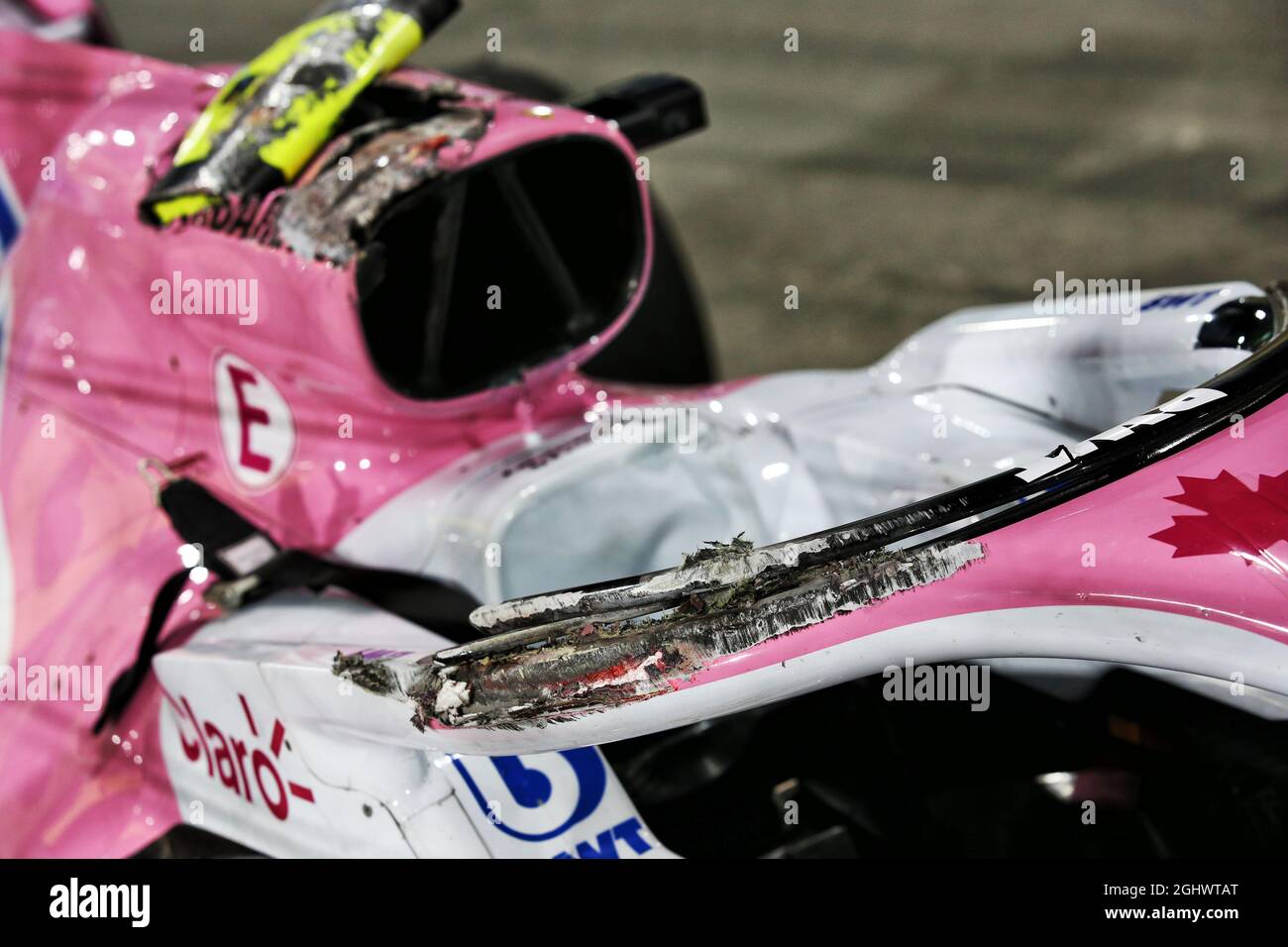 The damaged Racing Point F1 Team RP20 of Lance Stroll (CDN