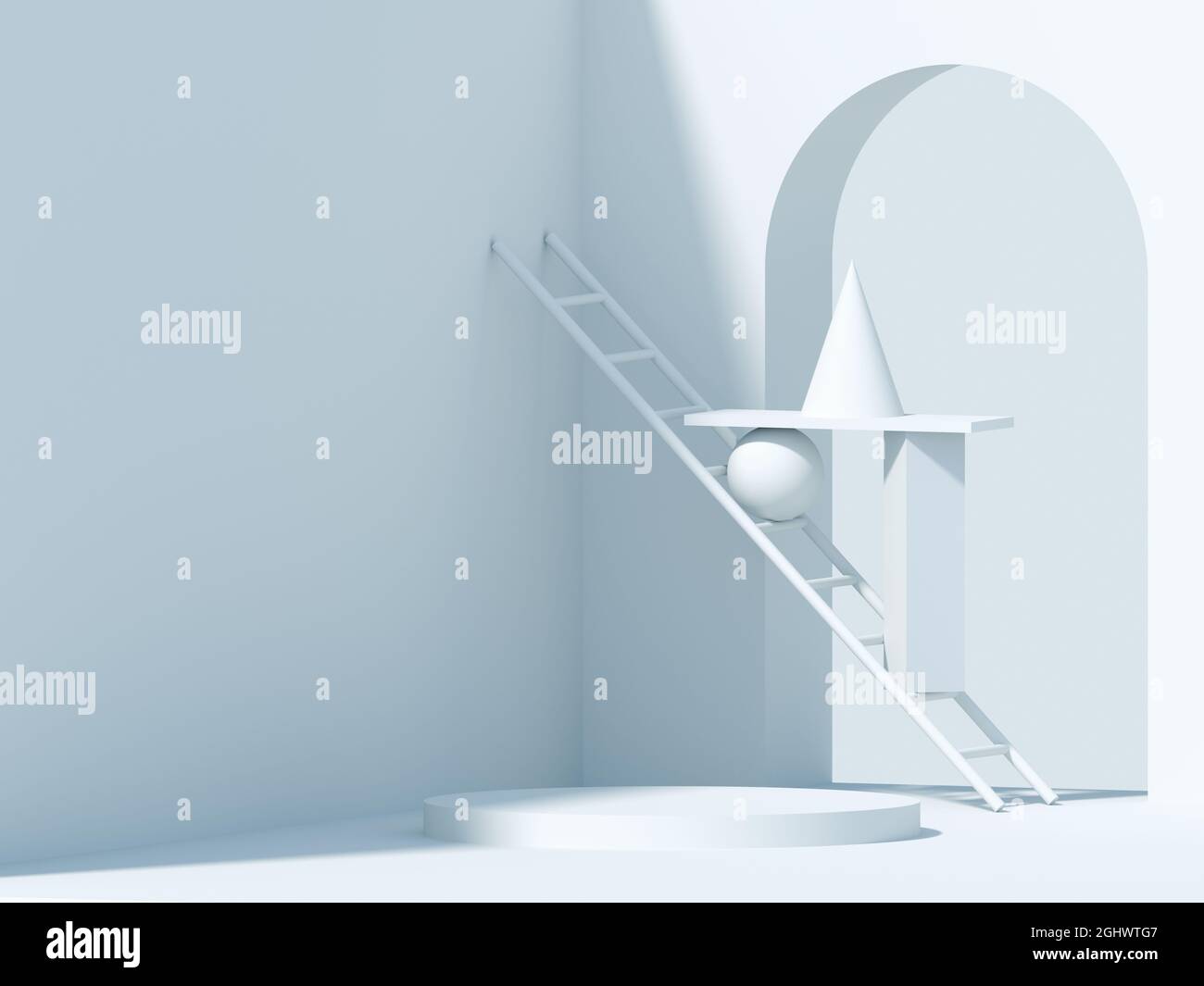 Abstract still life installation, white geometric shapes, arch and ladder. 3d rendering illustration Stock Photo